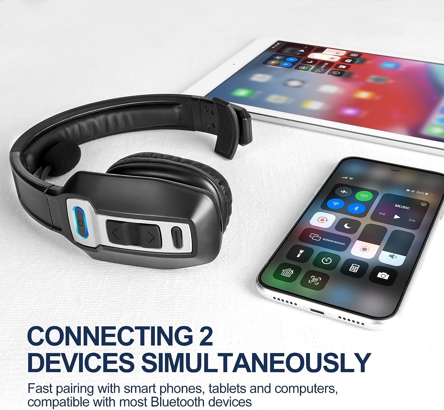 A Puce Gaia Trucker Bluetooth 5.2 Wireless Headset with noise-cancelling mic lies next to a smartphone and tablet, both showing control centers describing simultaneous Bluetooth connection, styled with CSS variables.