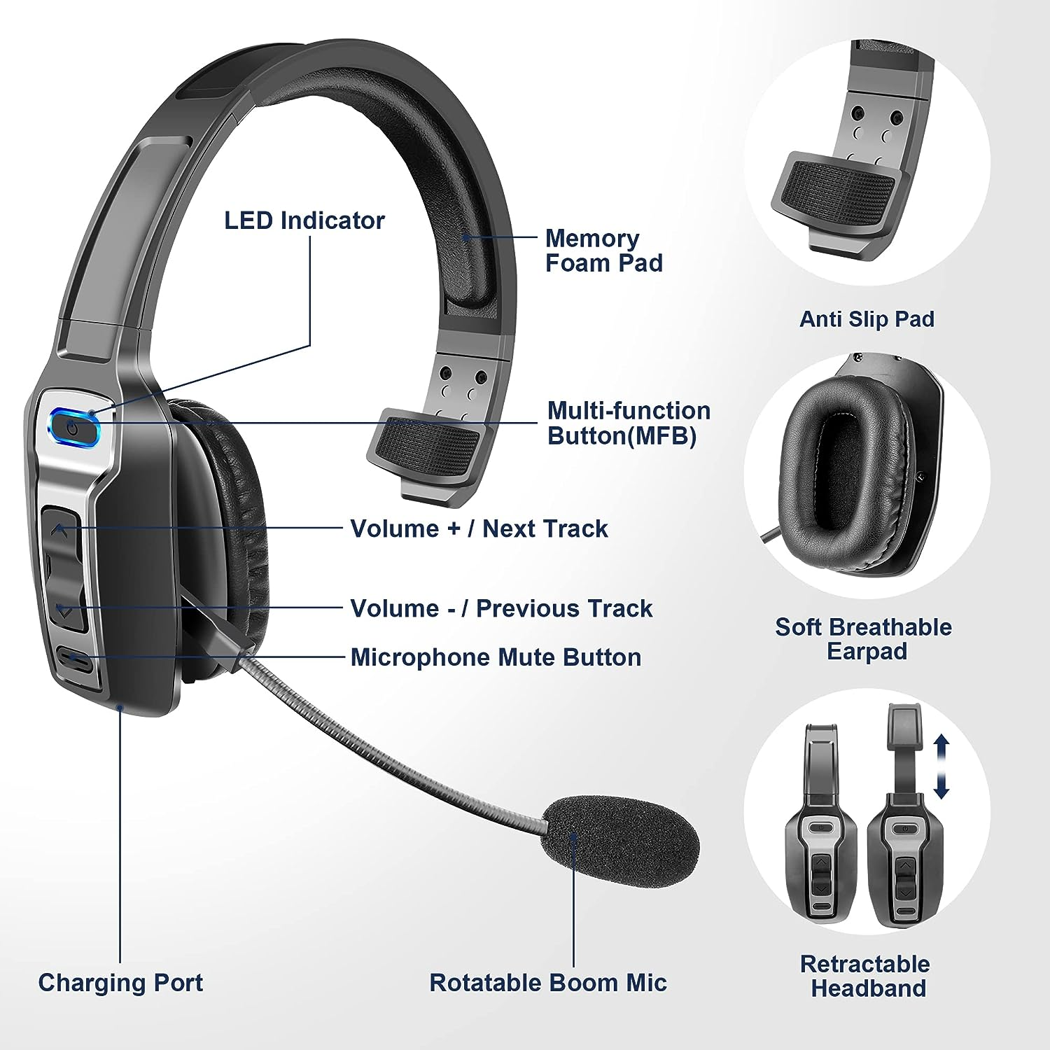 The Puce Gaia Trucker Bluetooth 5.2 Wireless Headset offers LED indicator, memory foam pad, multi-function button, volume controls, retractable headband, rotatable boom mic, and anti-slip pad—perfect for coding or managing CSS variables in comfort.