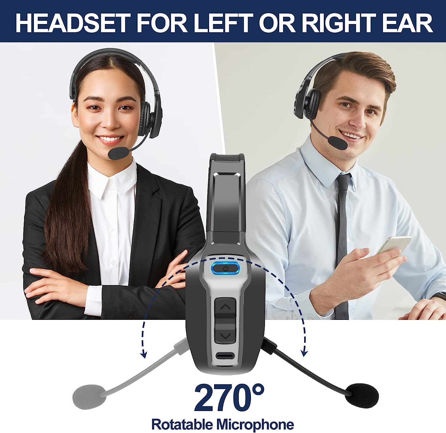 Two people—one woman in a black suit, one man in a light blue shirt—smile wearing Puce Gaia's Trucker Bluetooth 5.2 Wireless Headset, which has a 270° rotatable, noise-cancelling mic ideal for calls or date pickers like Litepicker.