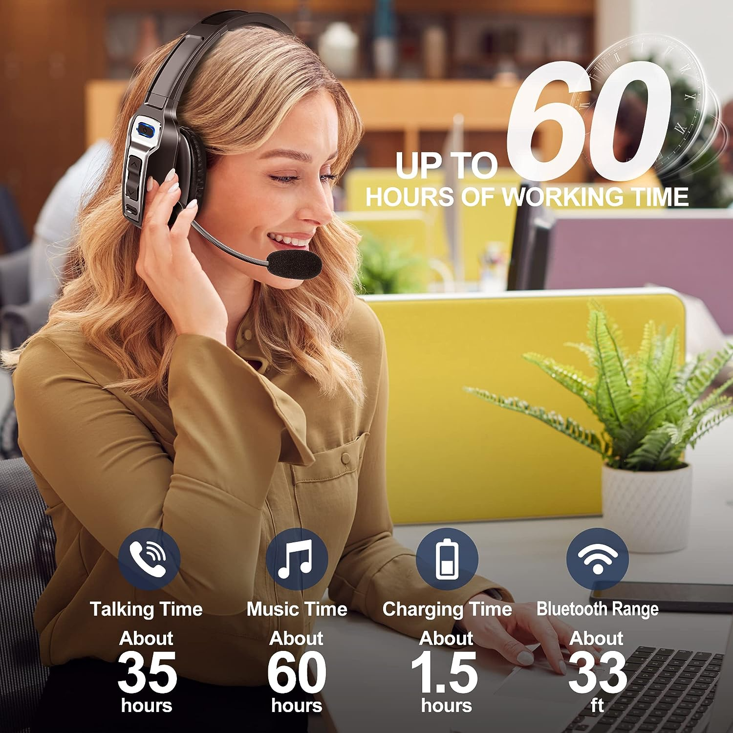 A woman wearing a Puce Gaia Trucker Bluetooth 5.2 Wireless Headset with noise-cancelling mic smiles at her desk with a laptop and plant—customize your workspace easily, just like using CSS variables or Litepicker date pickers.