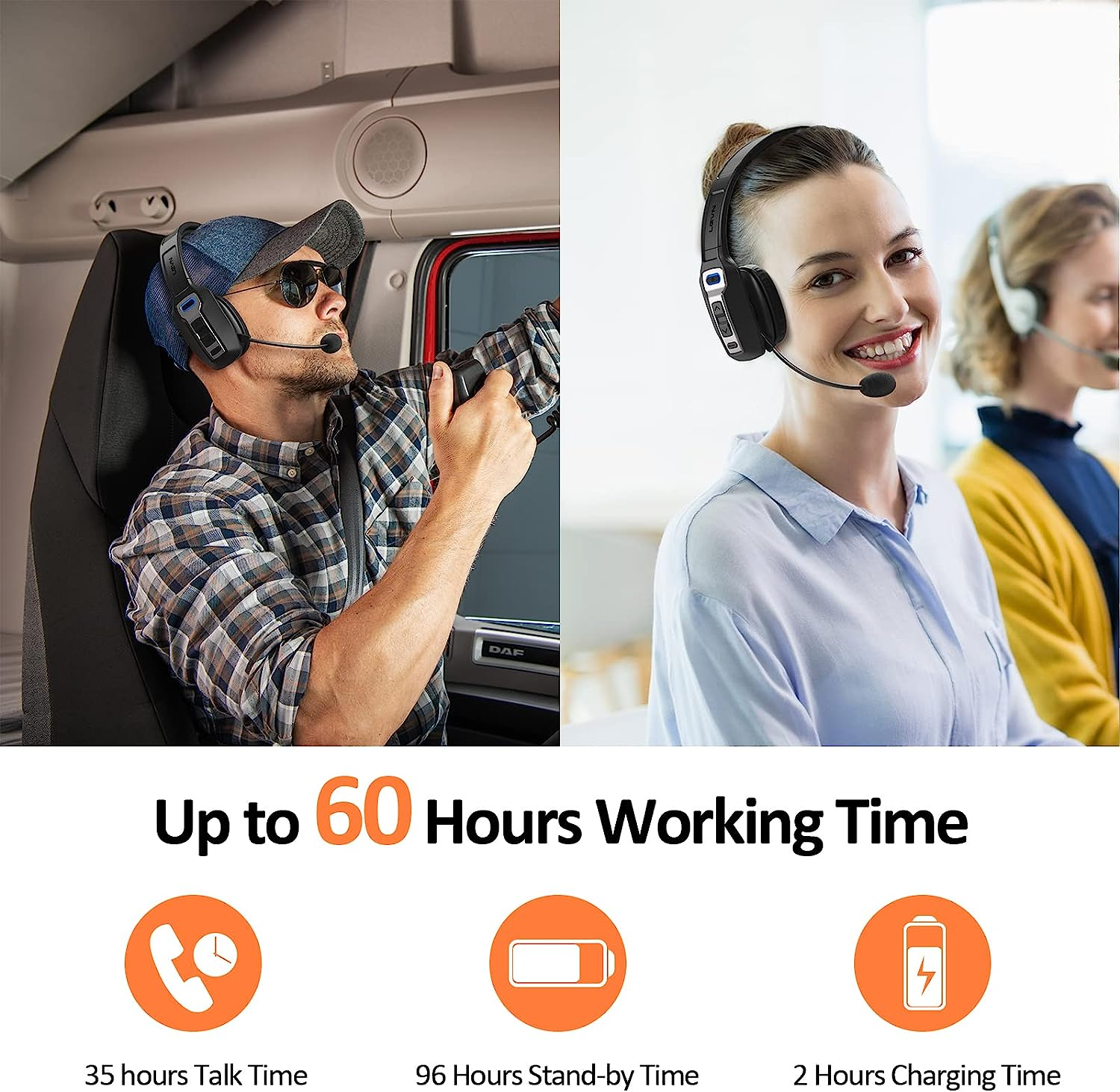 A man in a plaid shirt and cap uses the Puce Gaia Trucker Bluetooth 5.2 Wireless Headset with Noise Cancelling Mic while driving; nearby, a woman works at her desk—enjoy up to 60 hours' use, perfect for managing schedules with date picker tools.