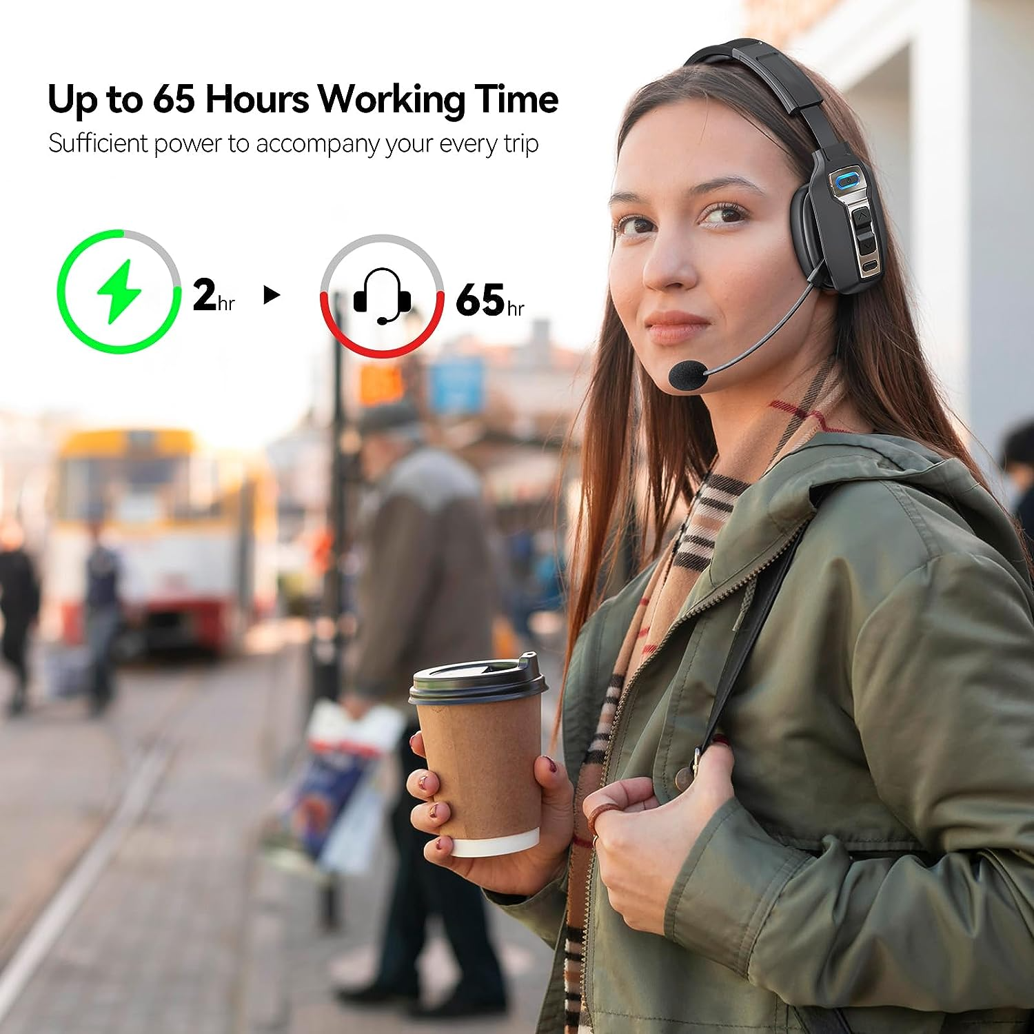 A woman stands outdoors with a coffee, wearing the Puce Gaia Trucker Bluetooth 5.2 Wireless Headset with Noise Cancelling Mic—up to 65 hours use, 2-hour charge time. Ideal for marathon variable tuning sessions!.