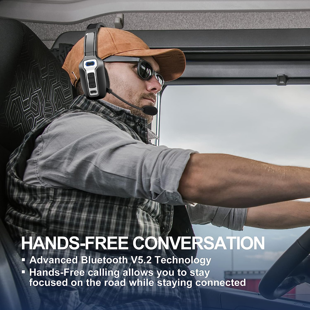 A man in sunglasses uses the Puce Gaia Trucker Bluetooth 5.2 Wireless Headset with noise-cancelling mic, promoting hands-free calls and Bluetooth 5.2—keeping truckers safer and connected, just like CSS variables streamline efficiency.