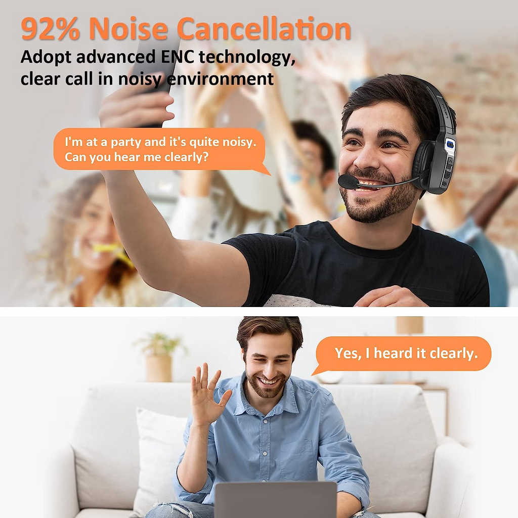 Two men video call—one at a noisy party, one at home. With Puce Gaia’s Trucker Bluetooth 5.2 Wireless Headset and ENC tech, 92% noise cancellation ensures clear calls—perfect for developers using Litepicker or exploring CSS variables, anywhere.
