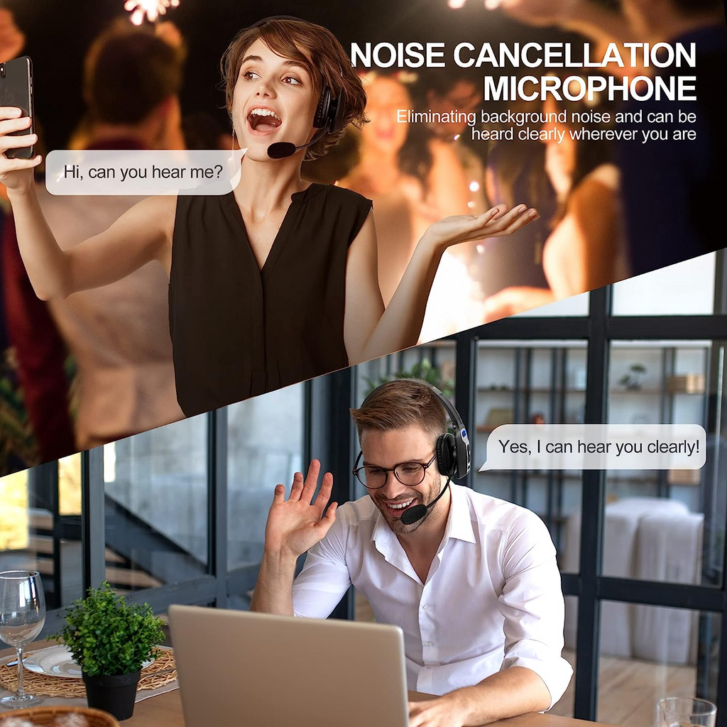 A woman wearing the Puce Gaia Trucker Bluetooth 5.2 Wireless Headset With Noise Cancelling Mic asks, "Hi, can you hear me?" A man replies, "Yes, I can hear you clearly!" Seamless calls with advanced noise cancellation.