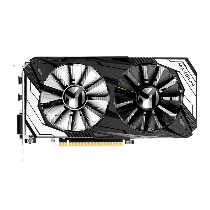 A black and silver Maxsun GeForce RTX 3050 6GB GDDR6 Transformer graphics card with dual cooling fans and a bottom PCIe connector is displayed on a white background.
