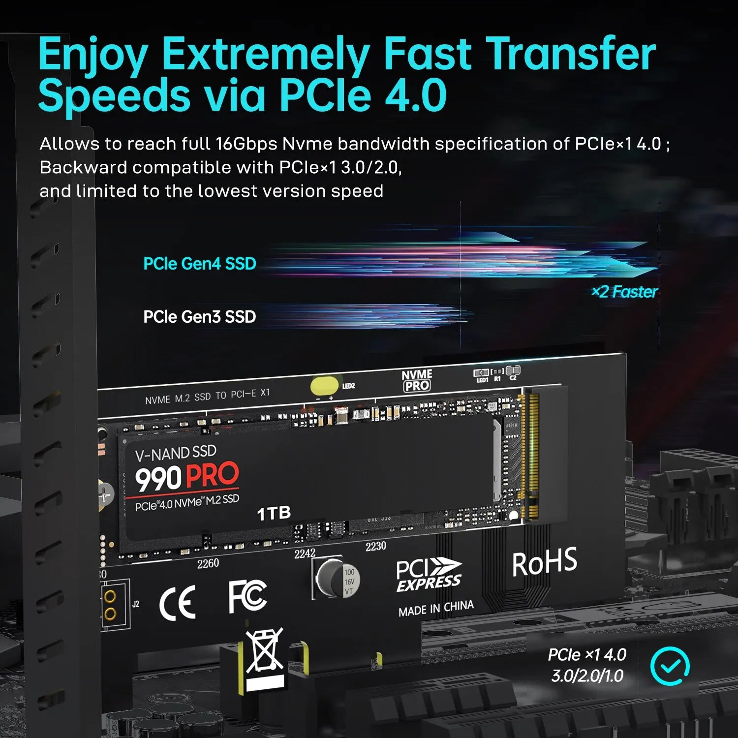 JEYI M.2 NVME SSD to PCIE X1 Adapter Card, 2280 SSD PCIe 3.0 4.0