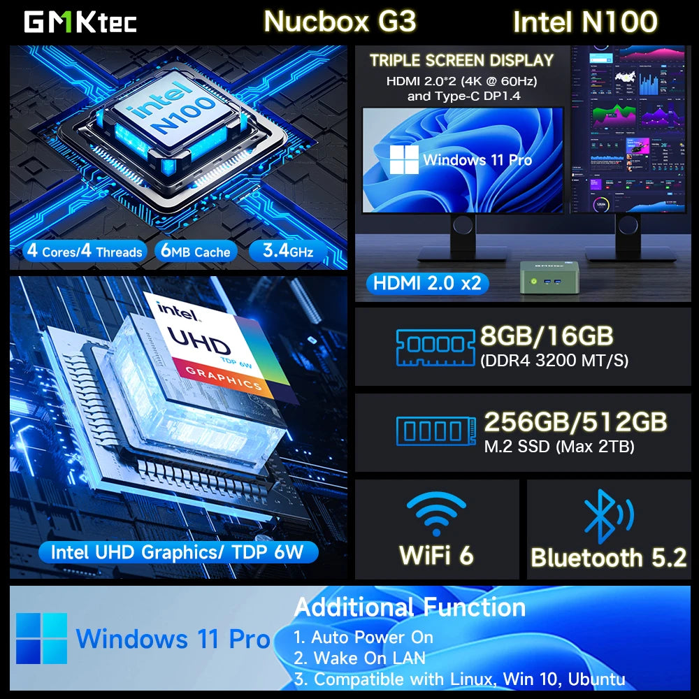 GMKtec G3 Mini PC Intel Alder Lake N100 Windows 11 Pro Mini PC 8/16GB
