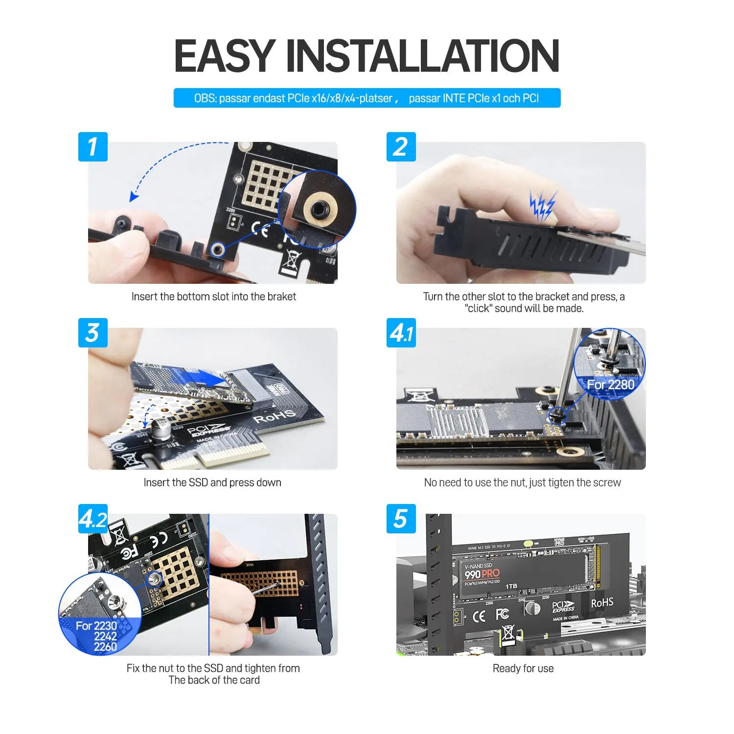 JEYI M.2 NVME SSD to PCIE X1 Adapter Card, 2280 SSD PCIe 3.0 4.0