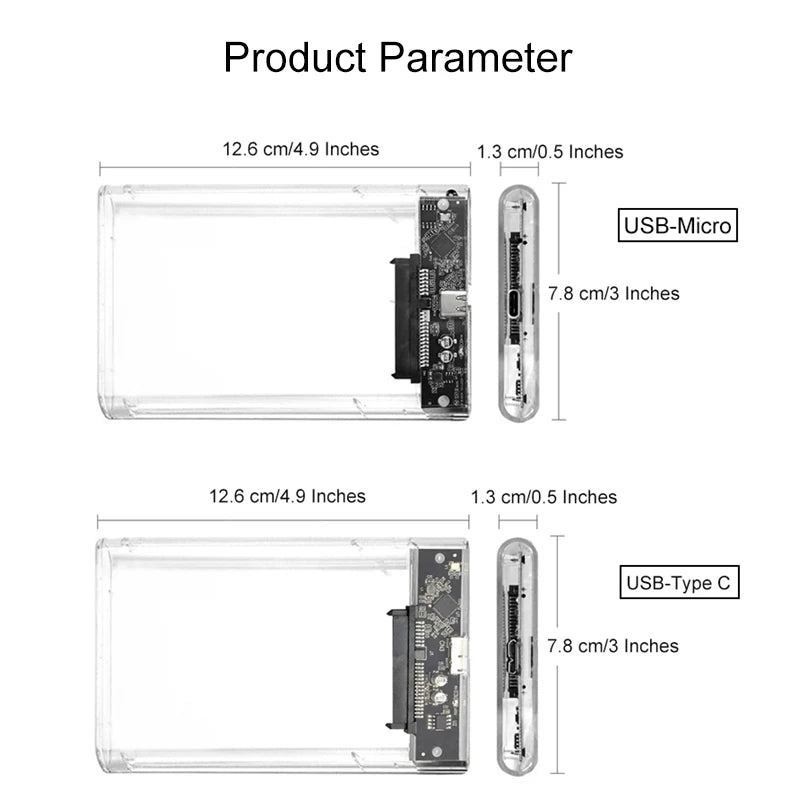 USB 3.0 Transparent HDD Enclosure 2.5" ,Type C Micro Cable External