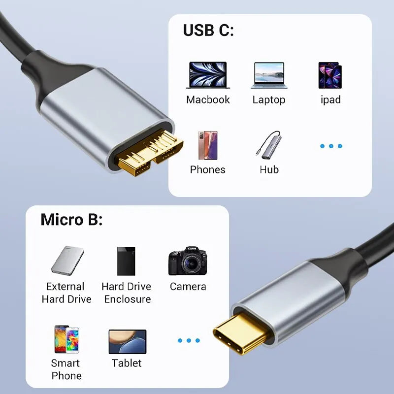 NIERBO Braided USB-C to Micro B Cable – USB 3.0 High-Speed Hard Drive Connection by DNiCT