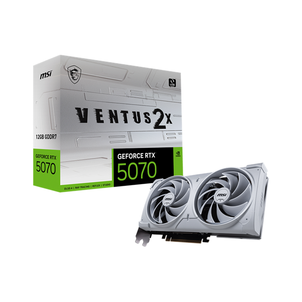 The MSI PCC GeForce RTX5070 VENTUS 2X OC White graphics card with 12GB GDDR7, advanced NVIDIA tech, and dual fans is shown next to its matching box labeled GEFORCE RTX 5070.